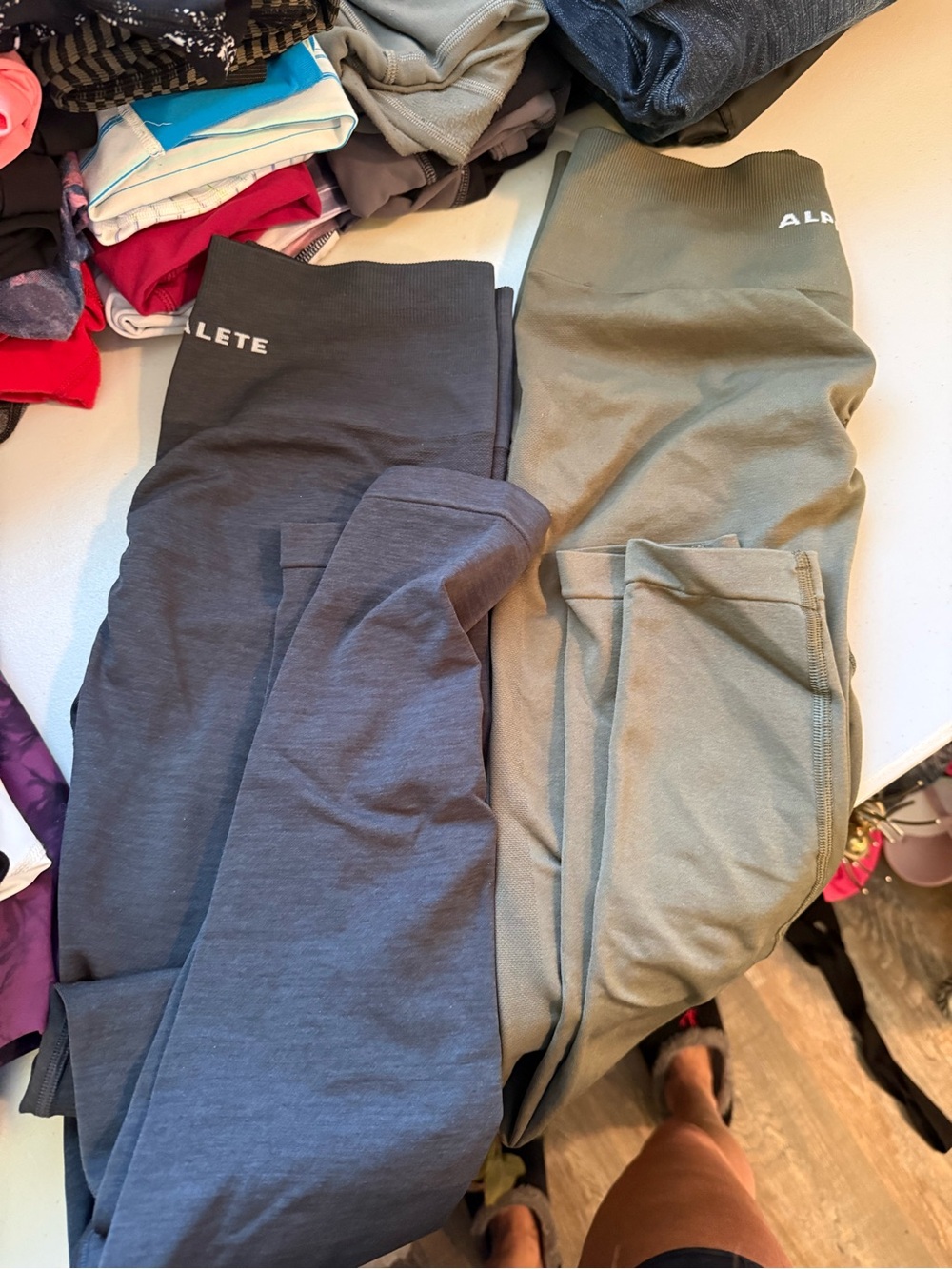 Alphalete Two-Tone Leggings in Olive and Charcoal